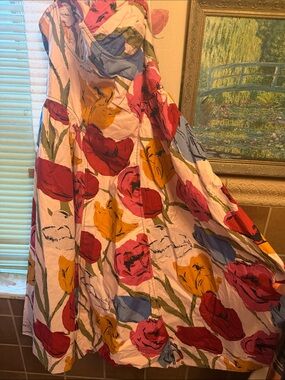 Free People Floral Midi Dress in White with Red, Pink, Yellow & Blue Tulips